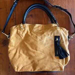 Kempton & Co. Leather Mustard Yellow and Black Bag, Handles and Shoulder Strap